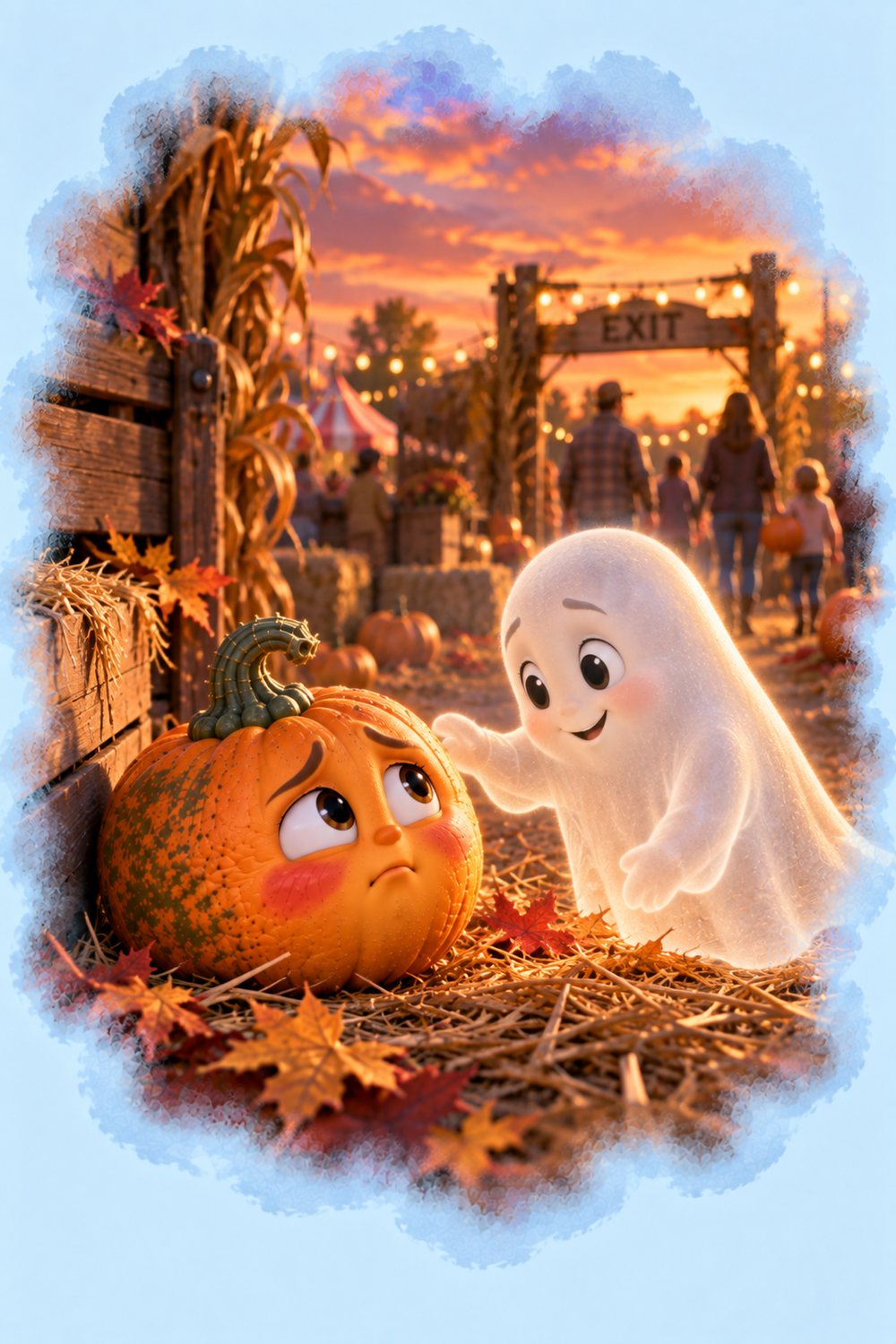 Boo the ghost comforting the little pumpkin
