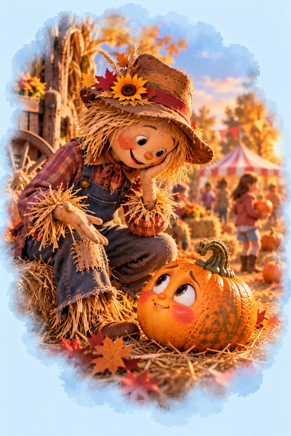 Tilly the Scarecrow keeping the little pumpkin company
