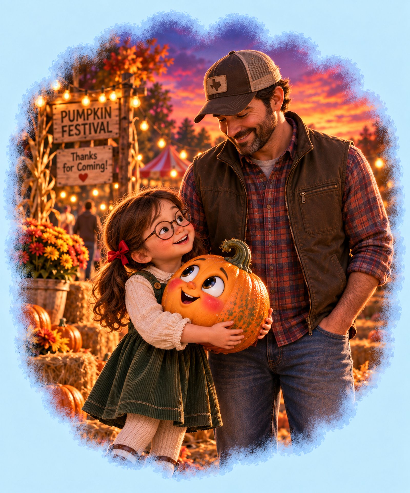 A father and his daughter holding a little pumpkin together at the pumpkin patch